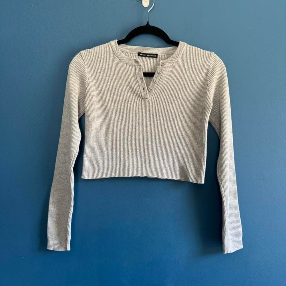 Brandy Melville Gray Crop Sweater Women's‎ Size Small 100% Cotton Henley Minimal